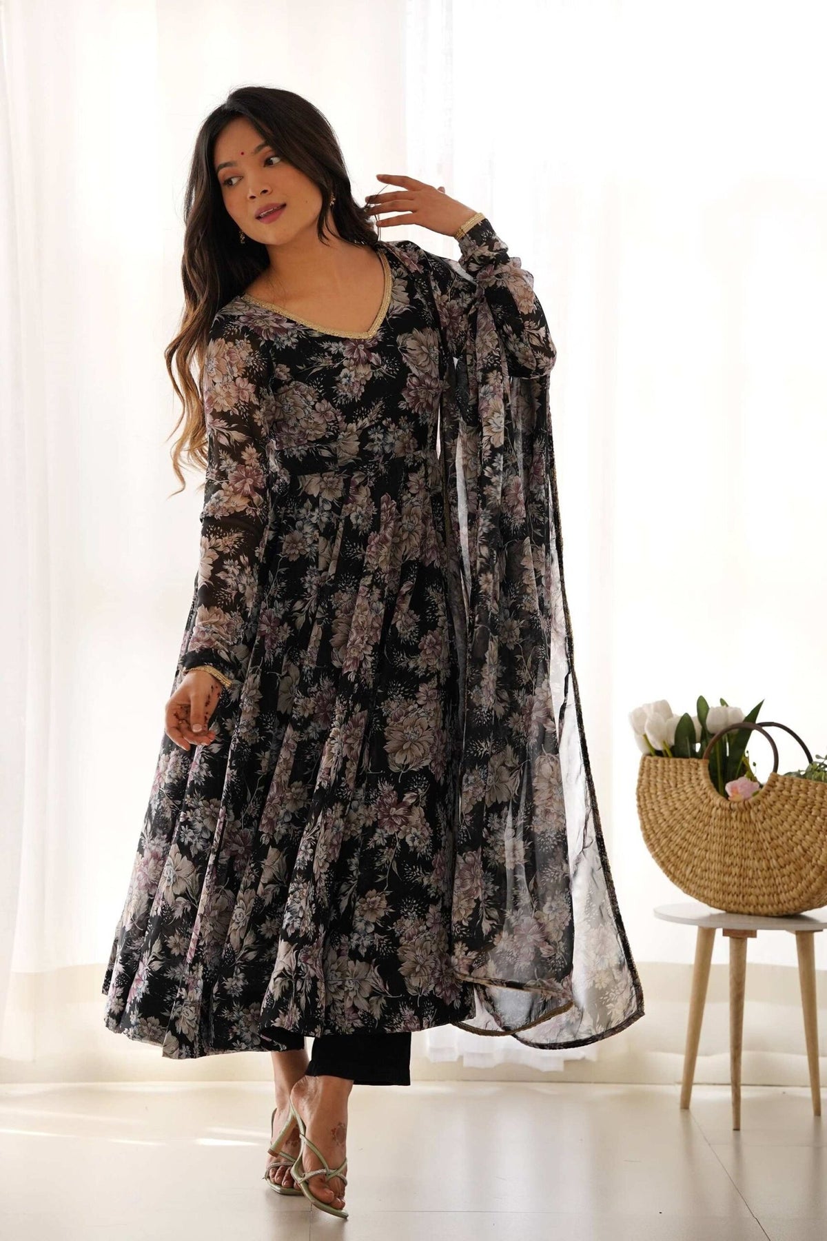 Black Floral Georgette Anarkali Suit Set