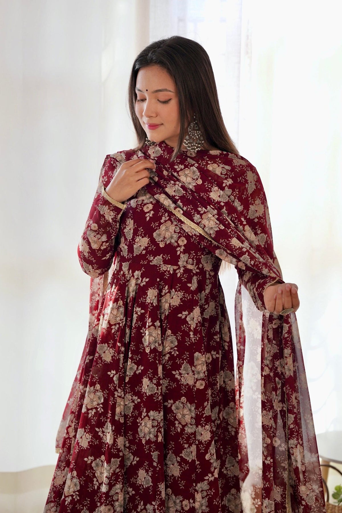 Elegant Multi Floral Print Fox Georgette Anarkali Suit Set