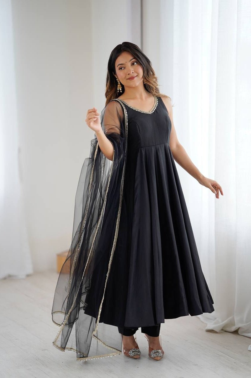 Black Sleeveless Roman Silk Chanderi Anarkali Suit