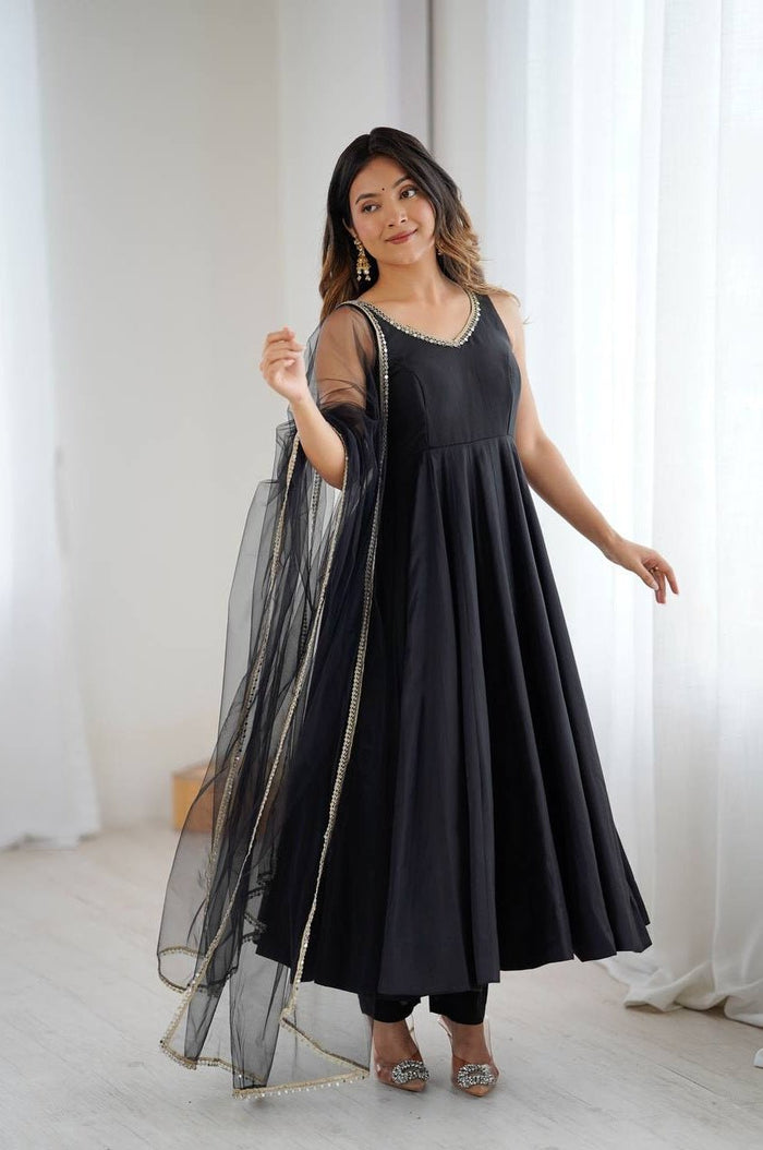 Black Sleeveless Roman Silk Chanderi Anarkali Suit