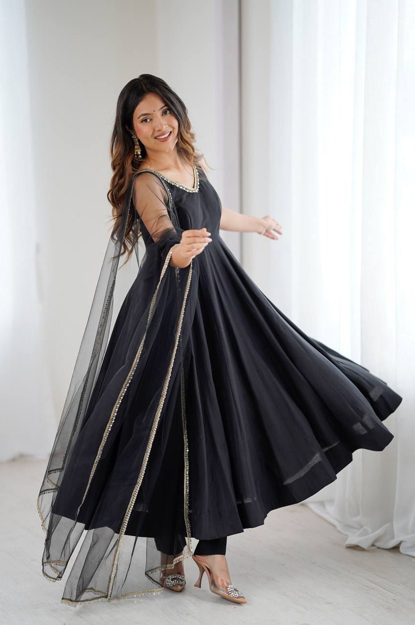 Black Sleeveless Roman Silk Chanderi Anarkali Suit