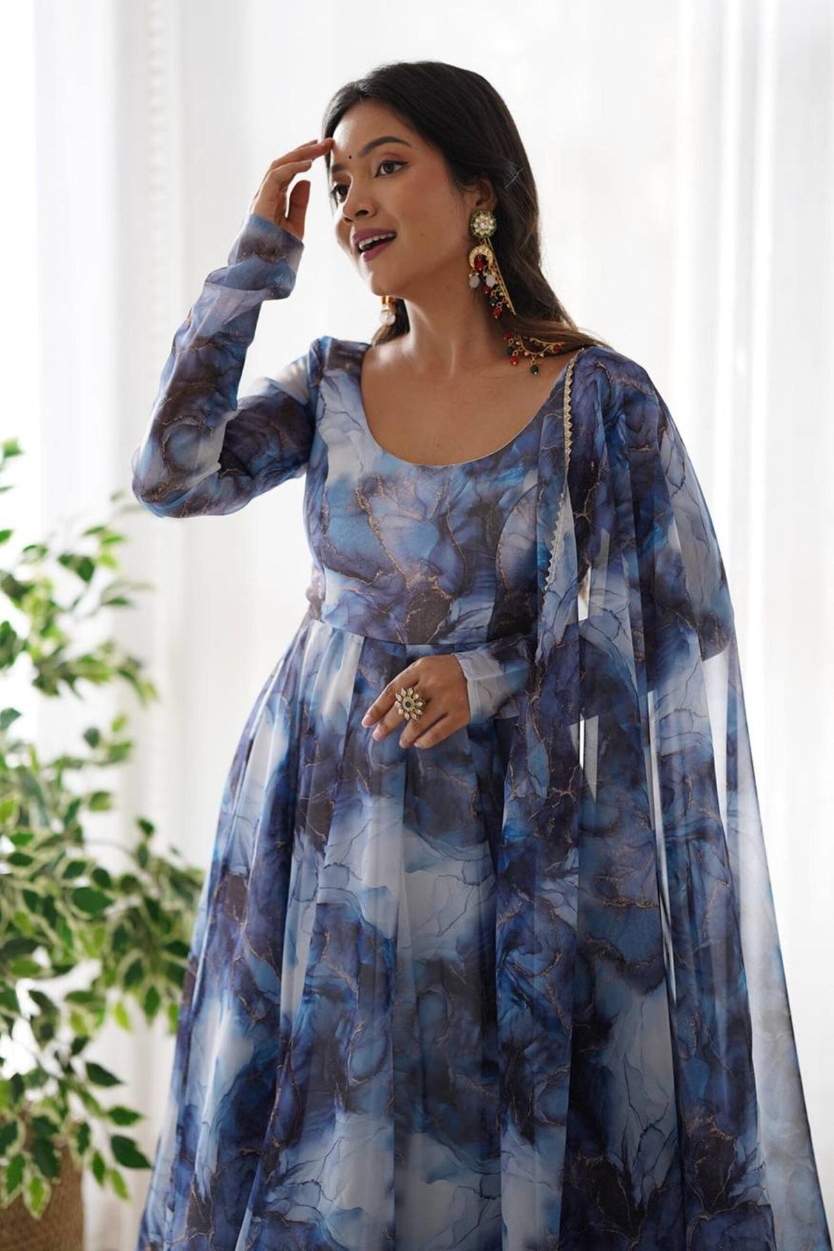 Navy Blue Organza Anarkali Gown