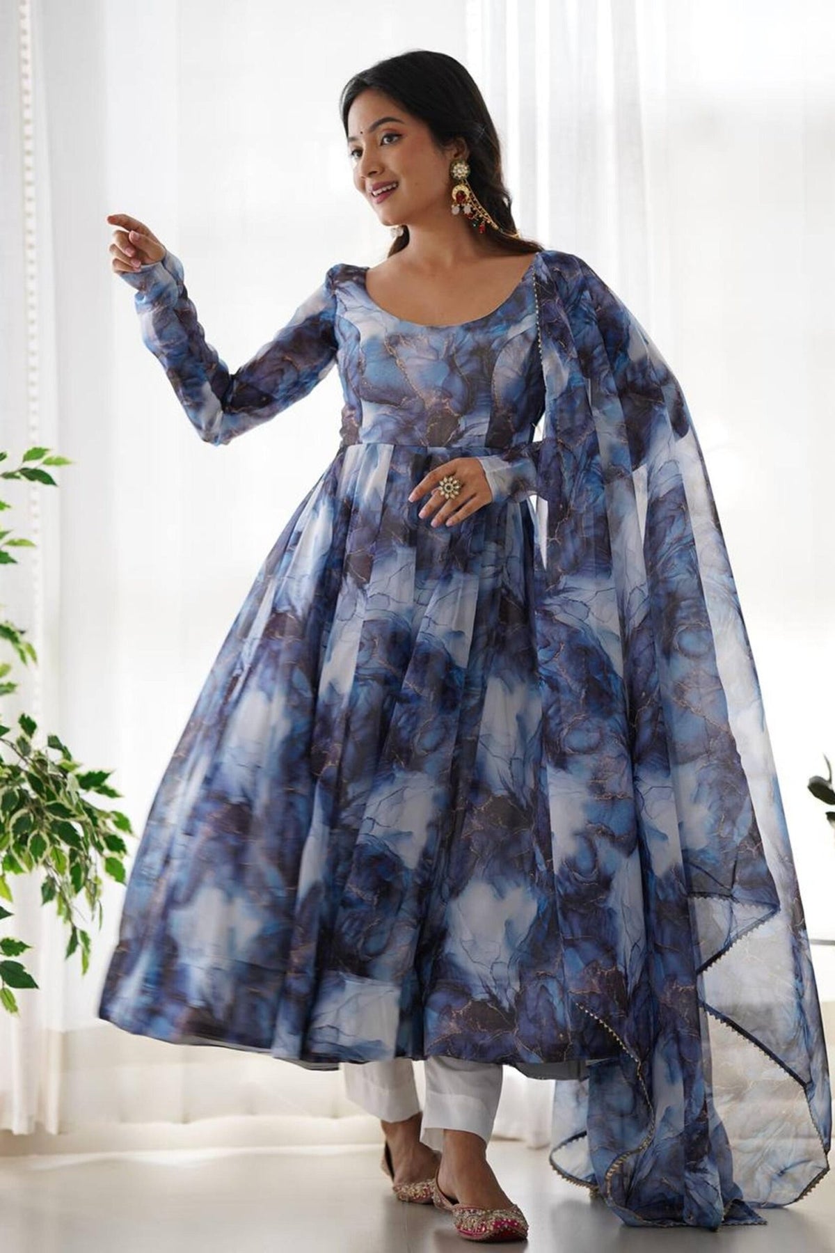 Navy Blue Organza Anarkali Gown