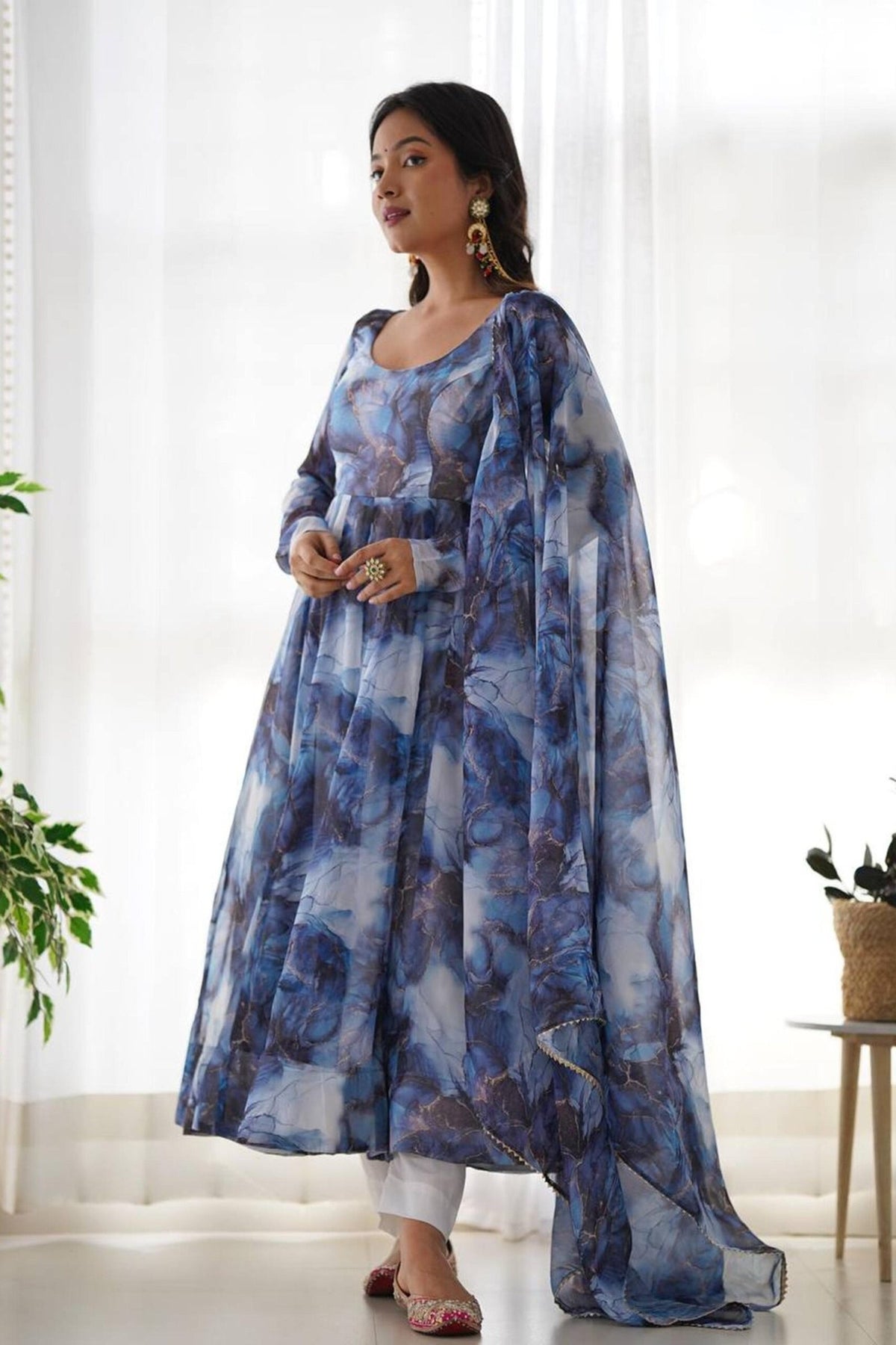 Navy Blue Organza Anarkali Gown