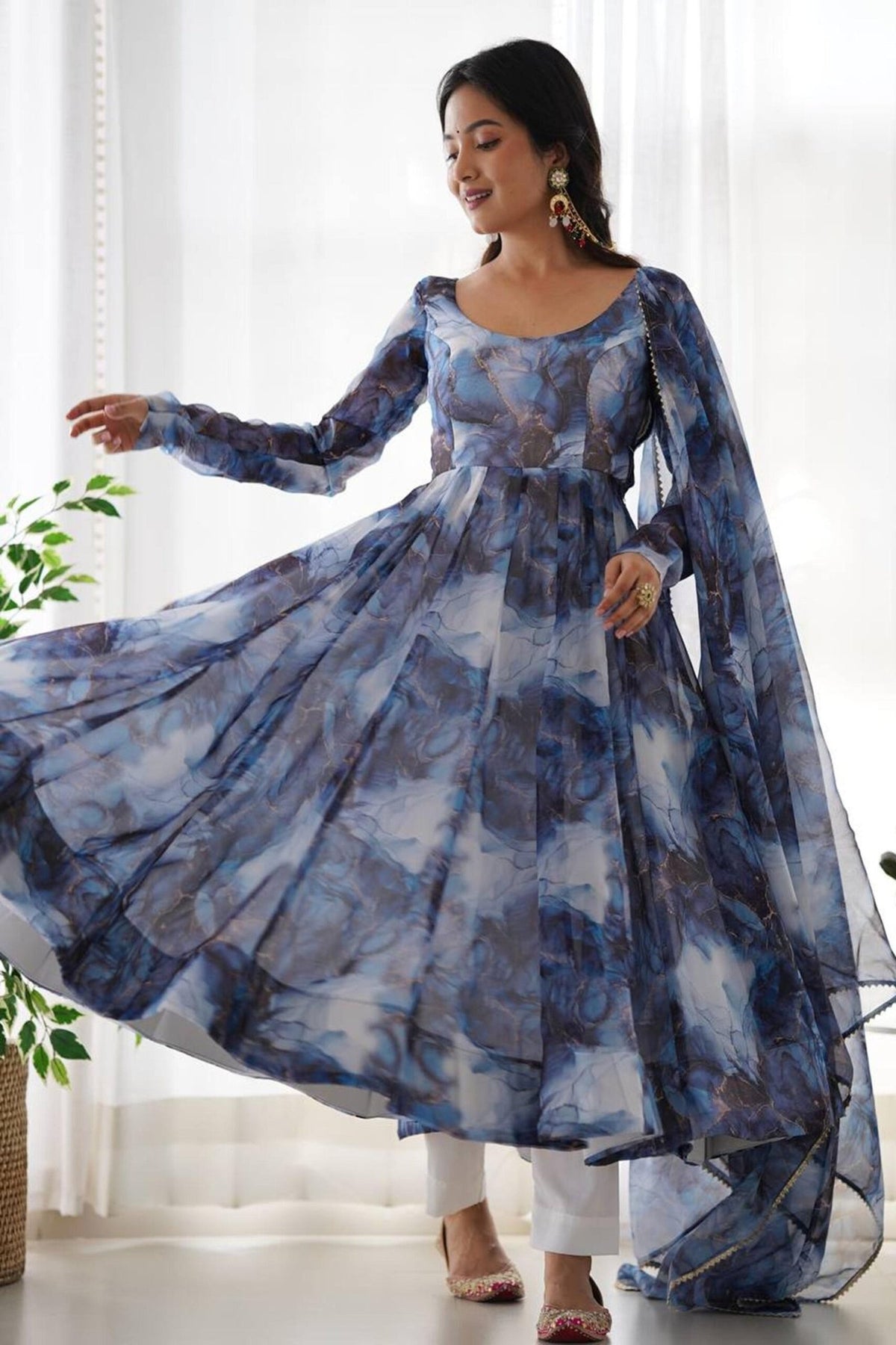 Navy Blue Organza Anarkali Gown
