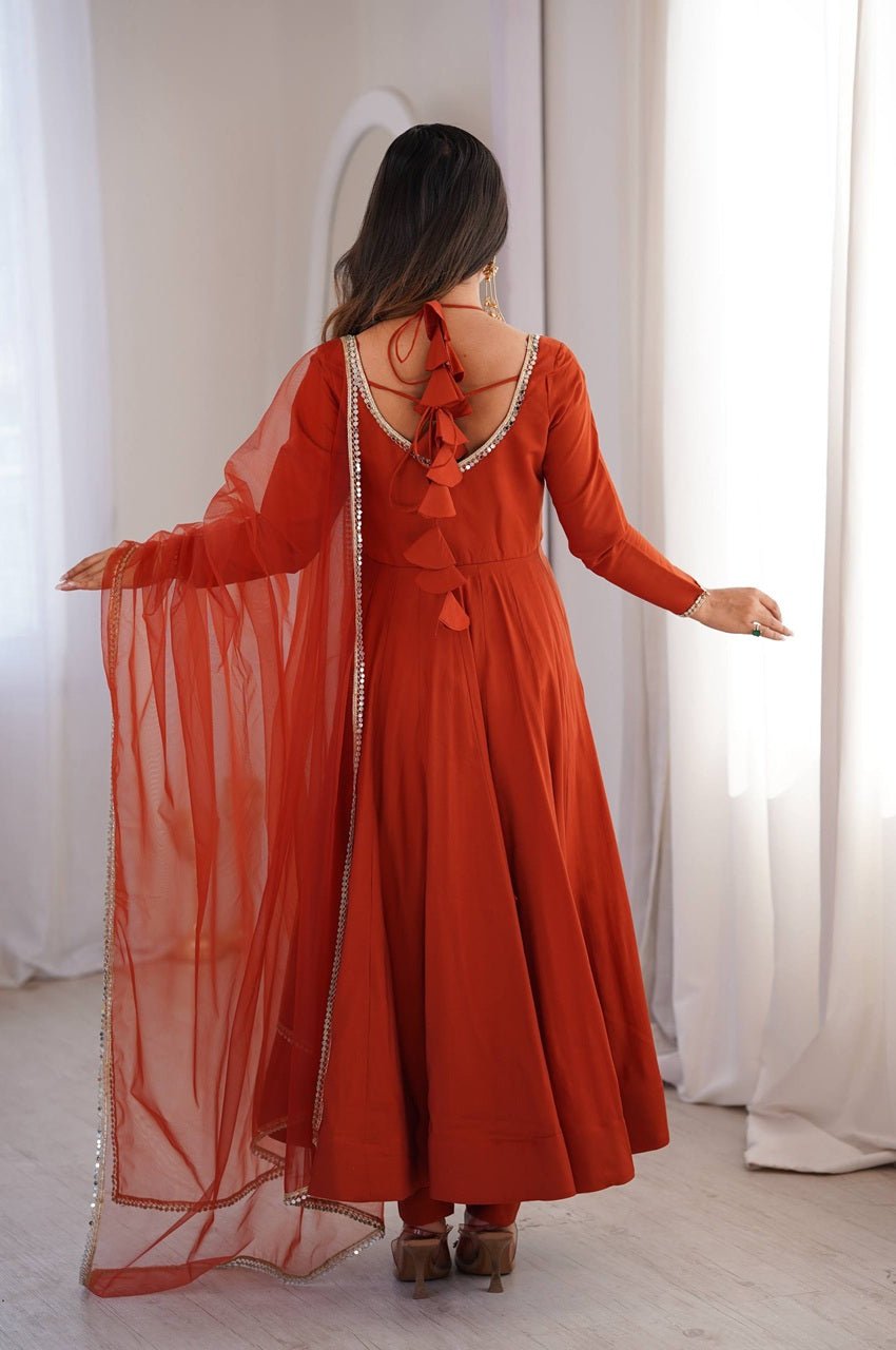 Rust Orange Roman Silk Chanderi Anarkali Suit