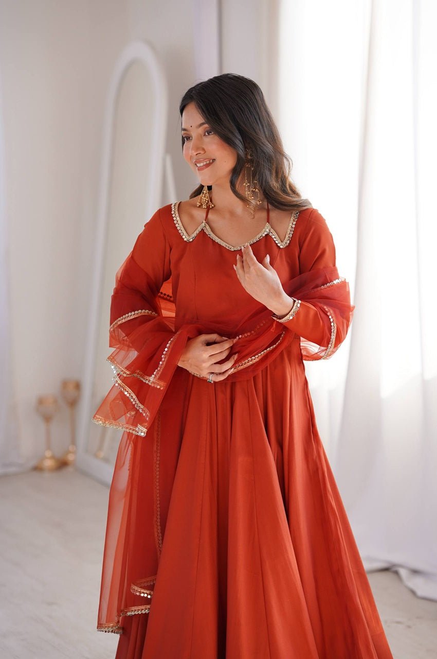 Rust Orange Roman Silk Chanderi Anarkali Suit