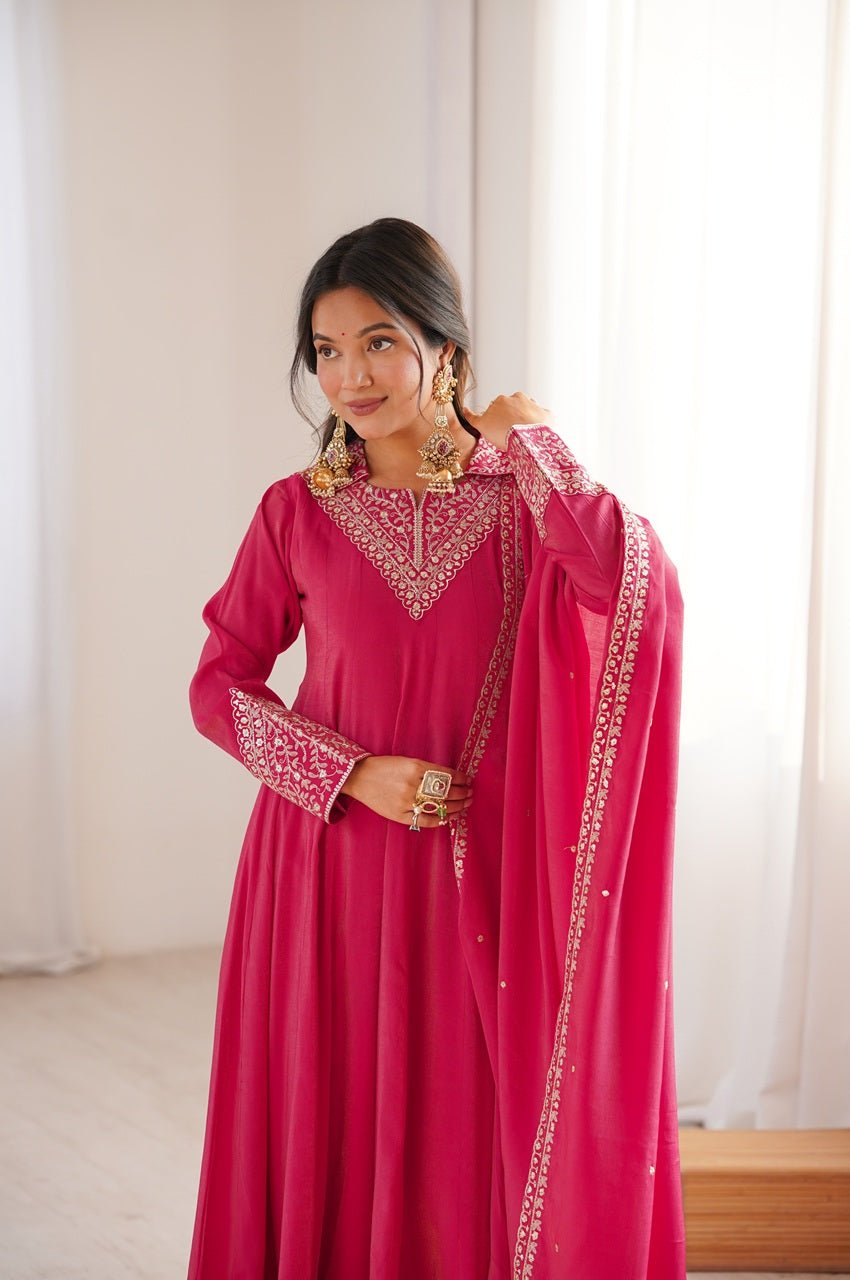 Rani Pink Roman Shimmer Silk Anarkali Set