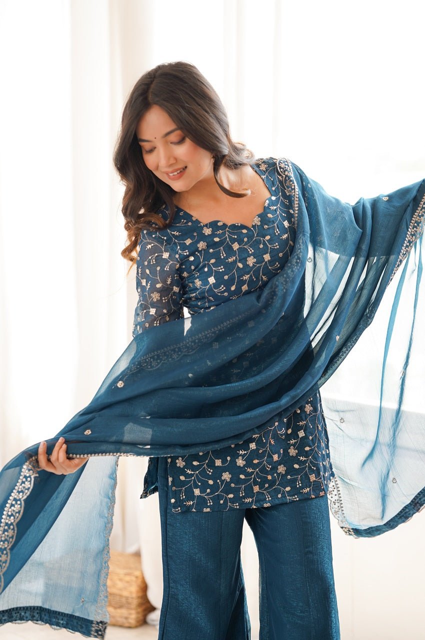 Teal Blue Crunchy Silk Kurta Set