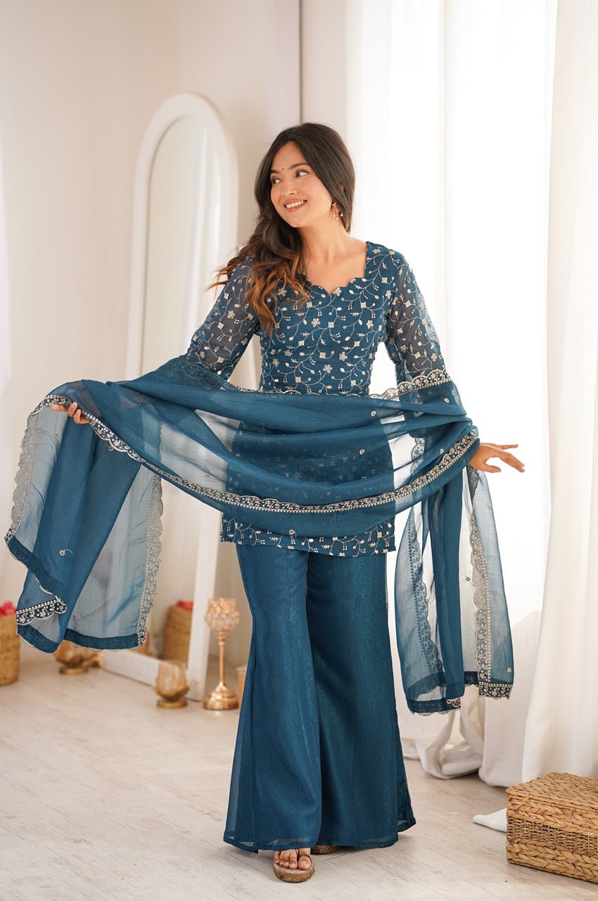 Teal Blue Crunchy Silk Kurta Set