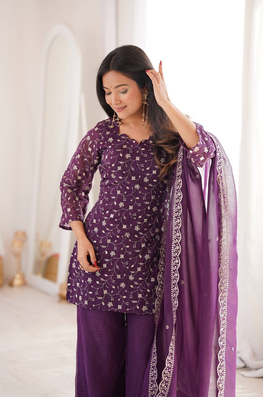 Wine Crunchy Silk Embroidered Kurta Set