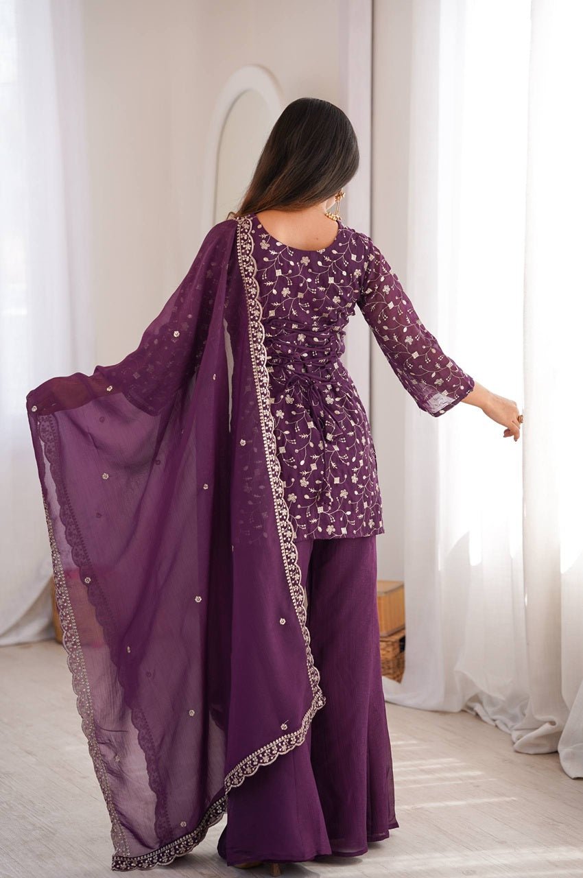 Wine Crunchy Silk Embroidered Kurta Set