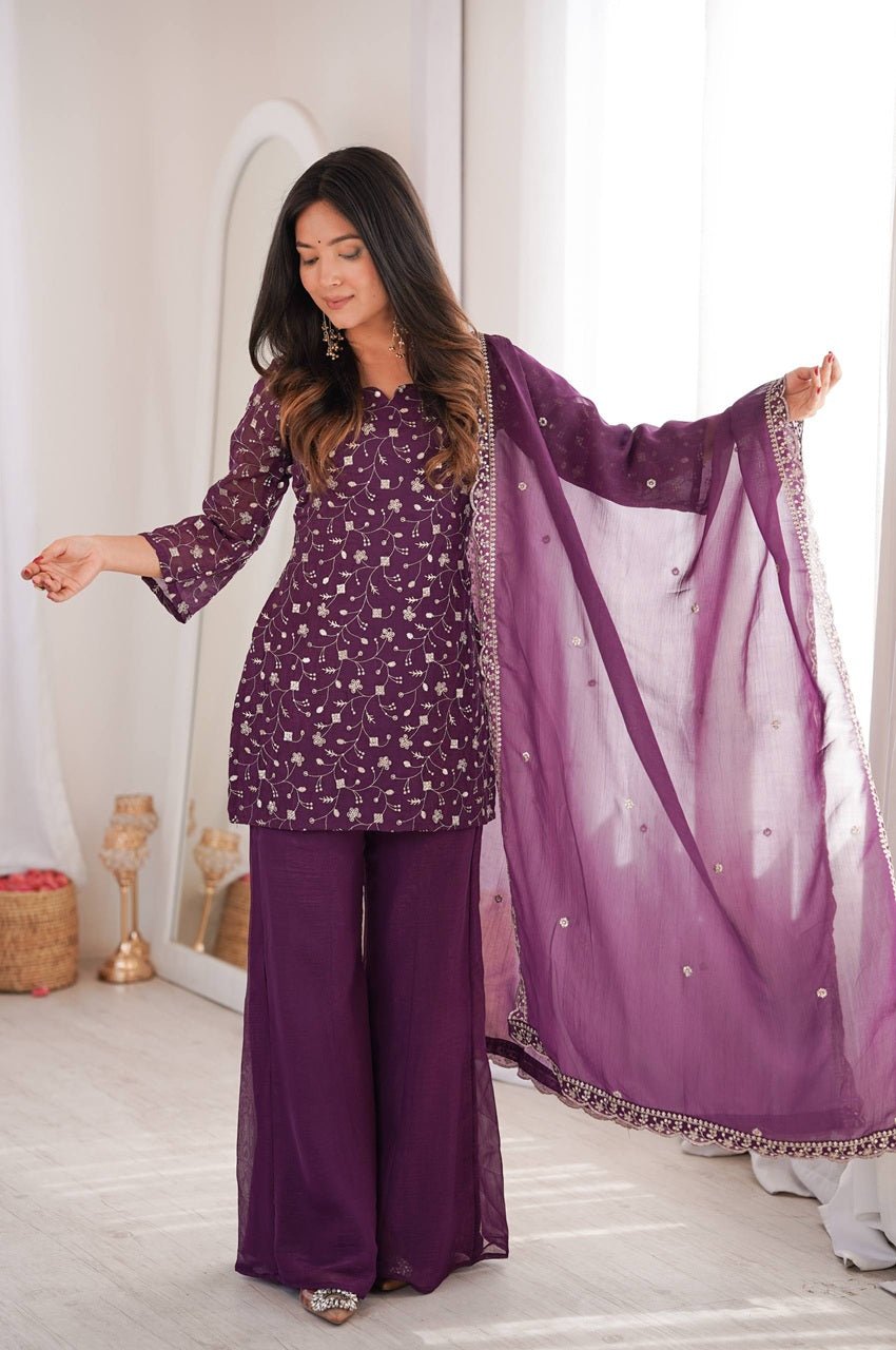 Wine Crunchy Silk Embroidered Kurta Set