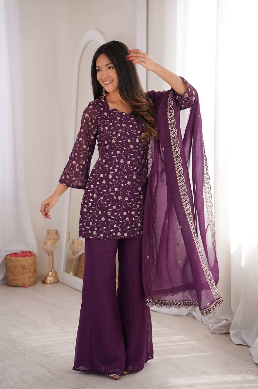 Wine Crunchy Silk Embroidered Kurta Set