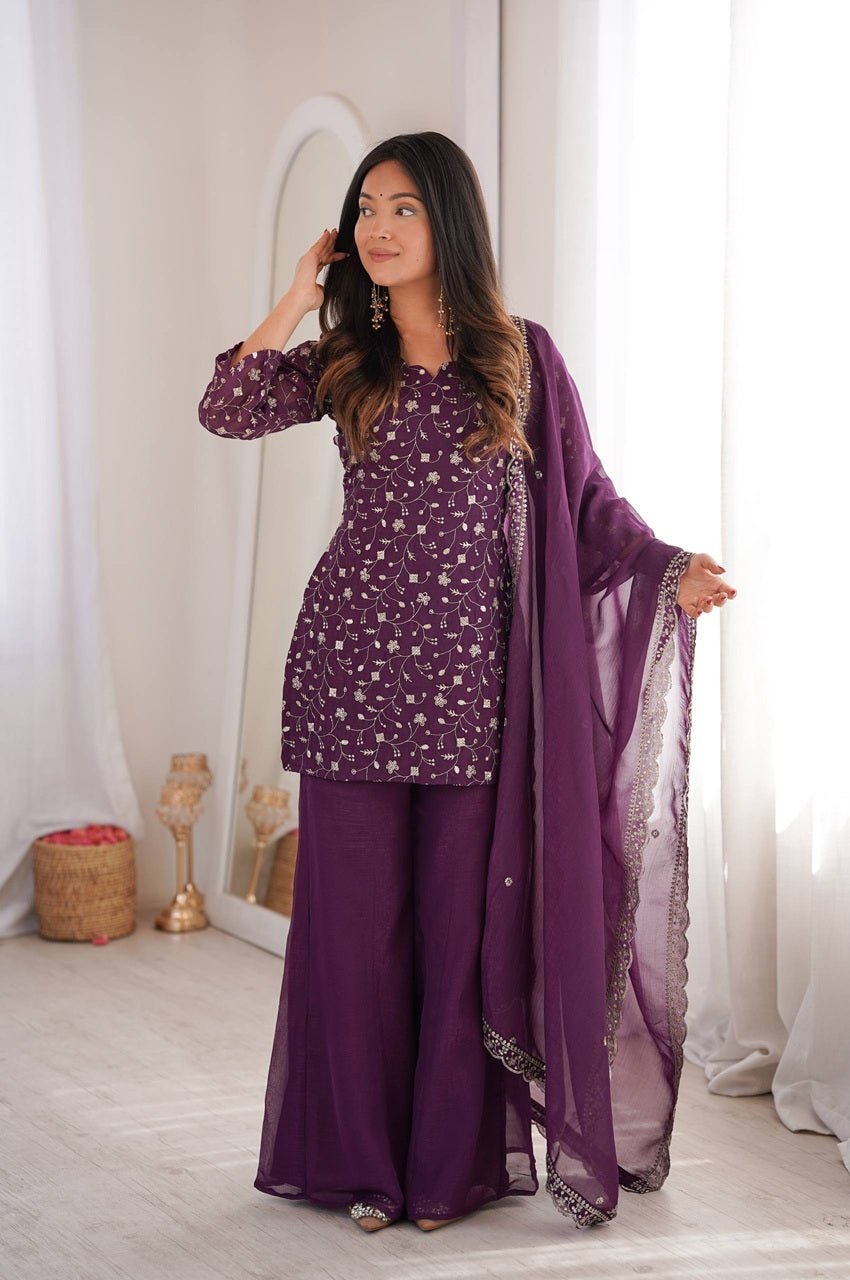 Wine Crunchy Silk Embroidered Kurta Set