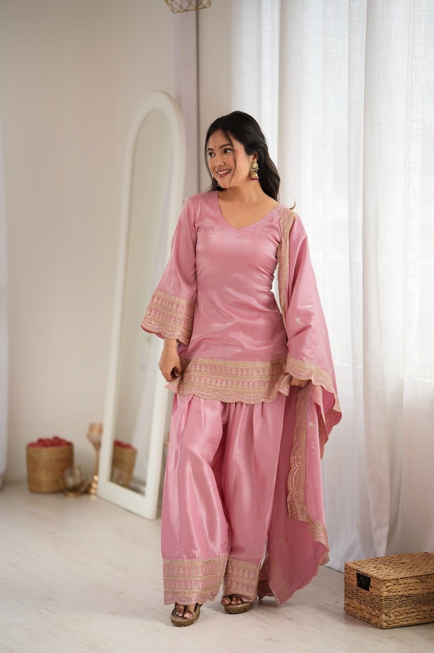 Baby Pink Glass Roman Silk Kurta with Farshi Shalwar