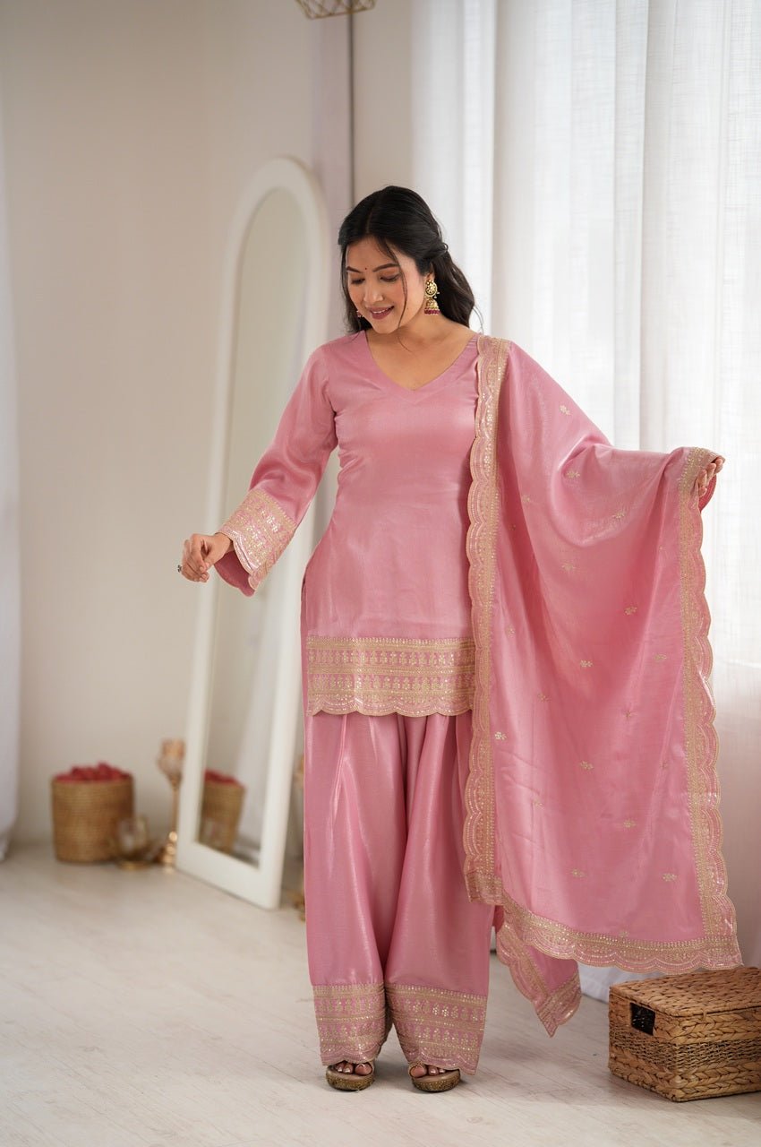 Baby Pink Glass Roman Silk Kurta with Farshi Shalwar