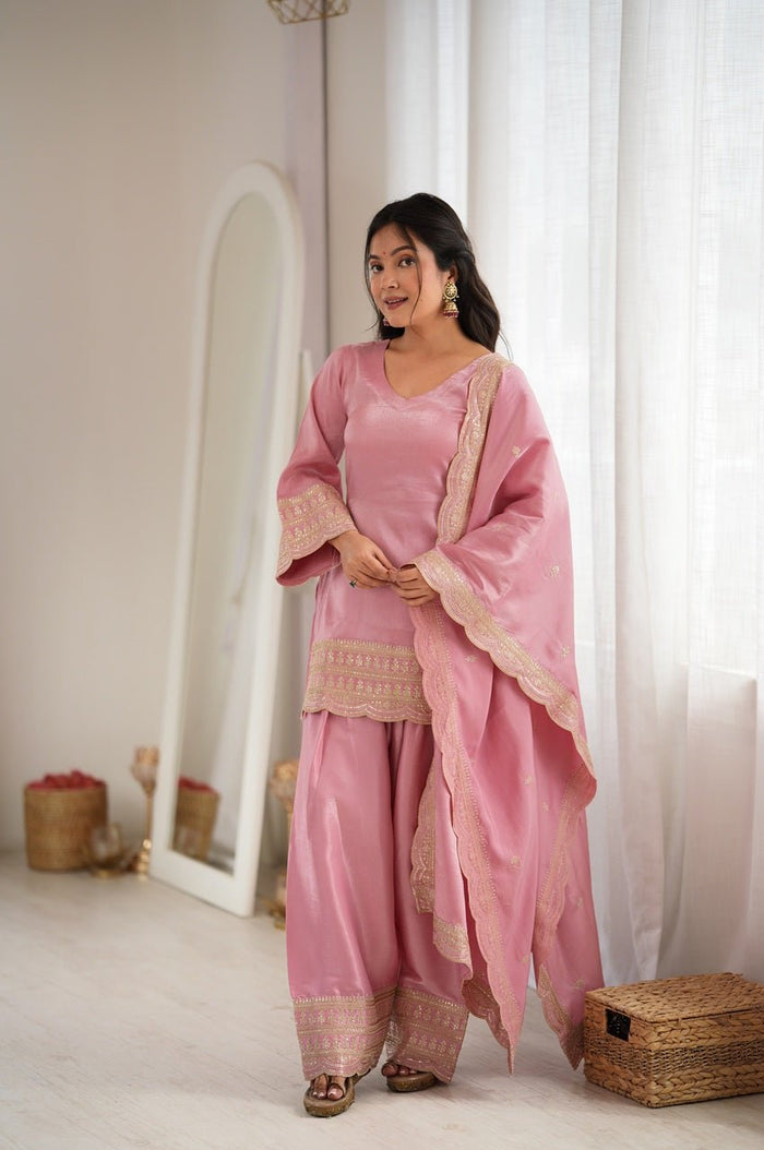 Baby Pink Glass Roman Silk Kurta with Farshi Shalwar