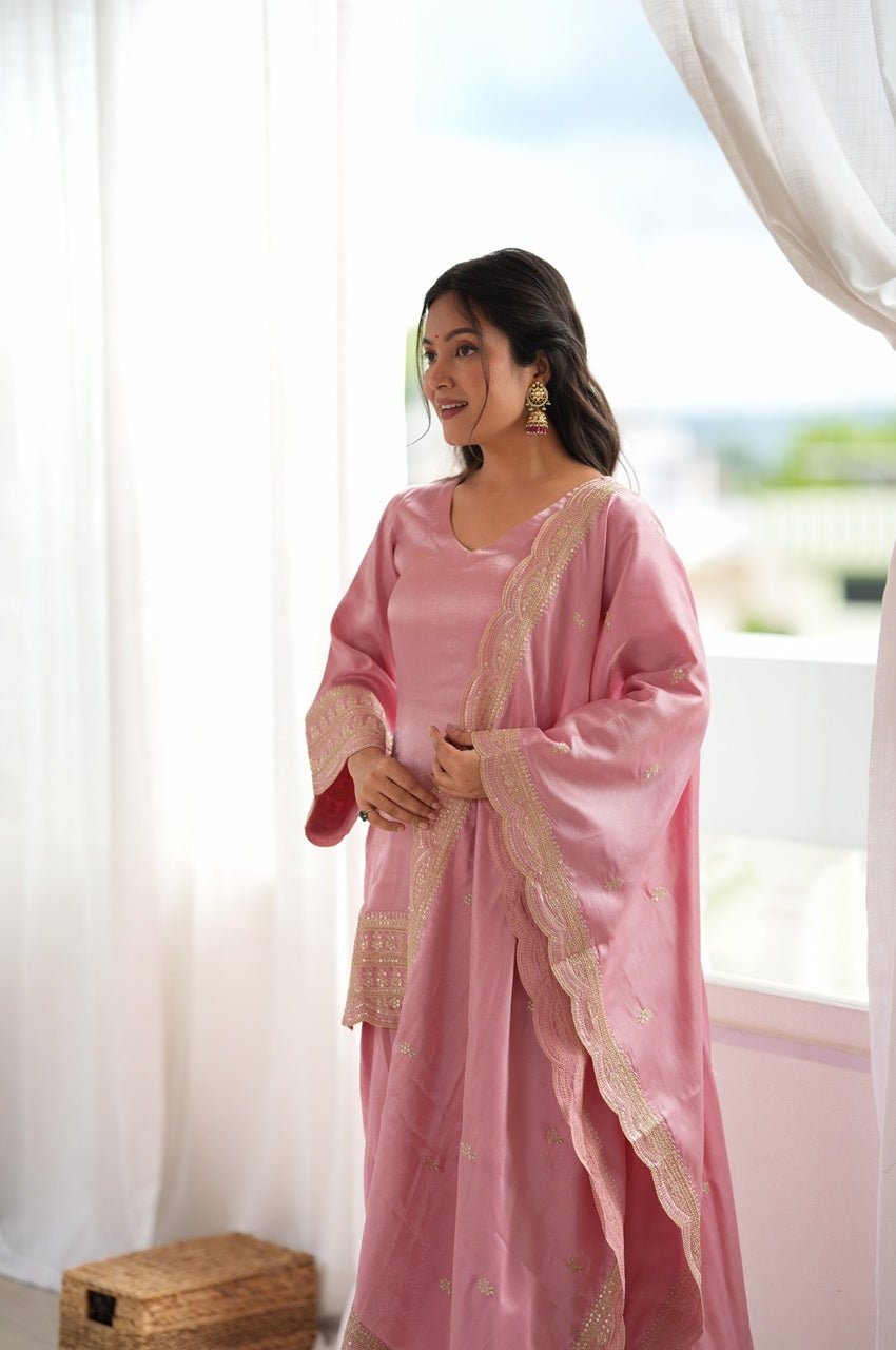 Baby Pink Glass Roman Silk Kurta with Farshi Shalwar