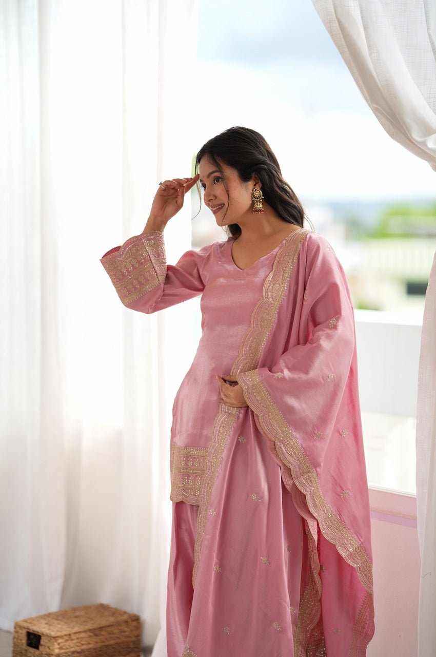 Baby Pink Glass Roman Silk Kurta with Farshi Shalwar