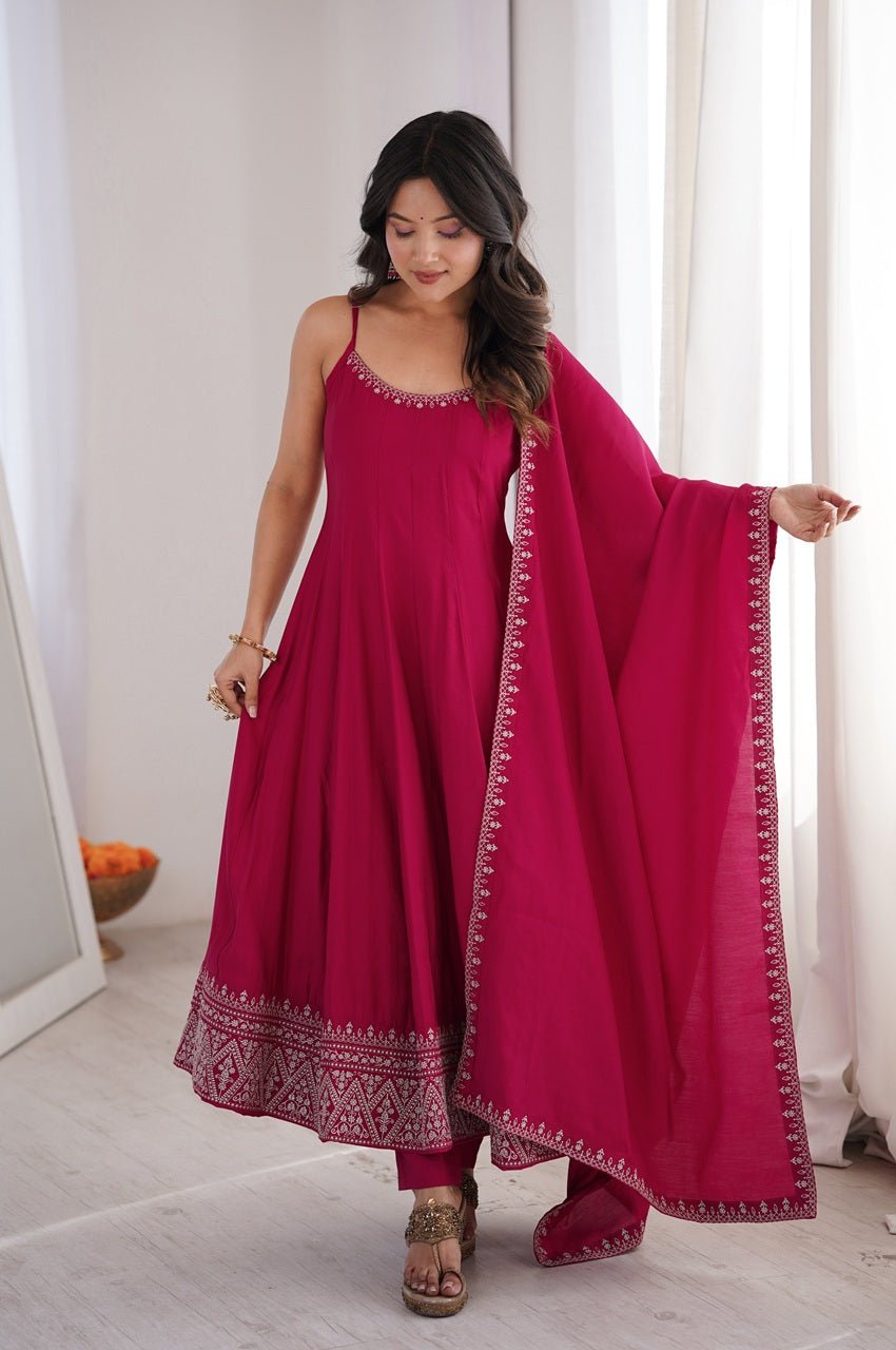 Rani Pink Roman Silk Chanderi Anarkali Gown Set