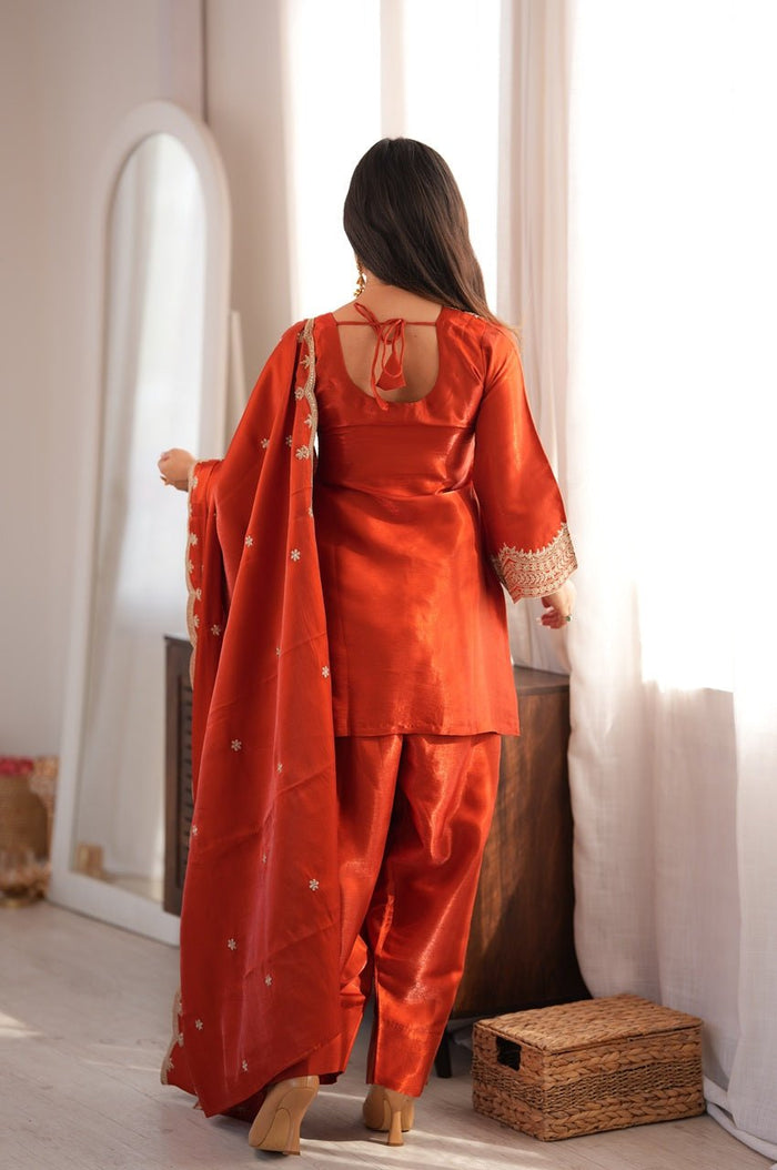 Rust Orange Glass Roman Silk Kurti Set