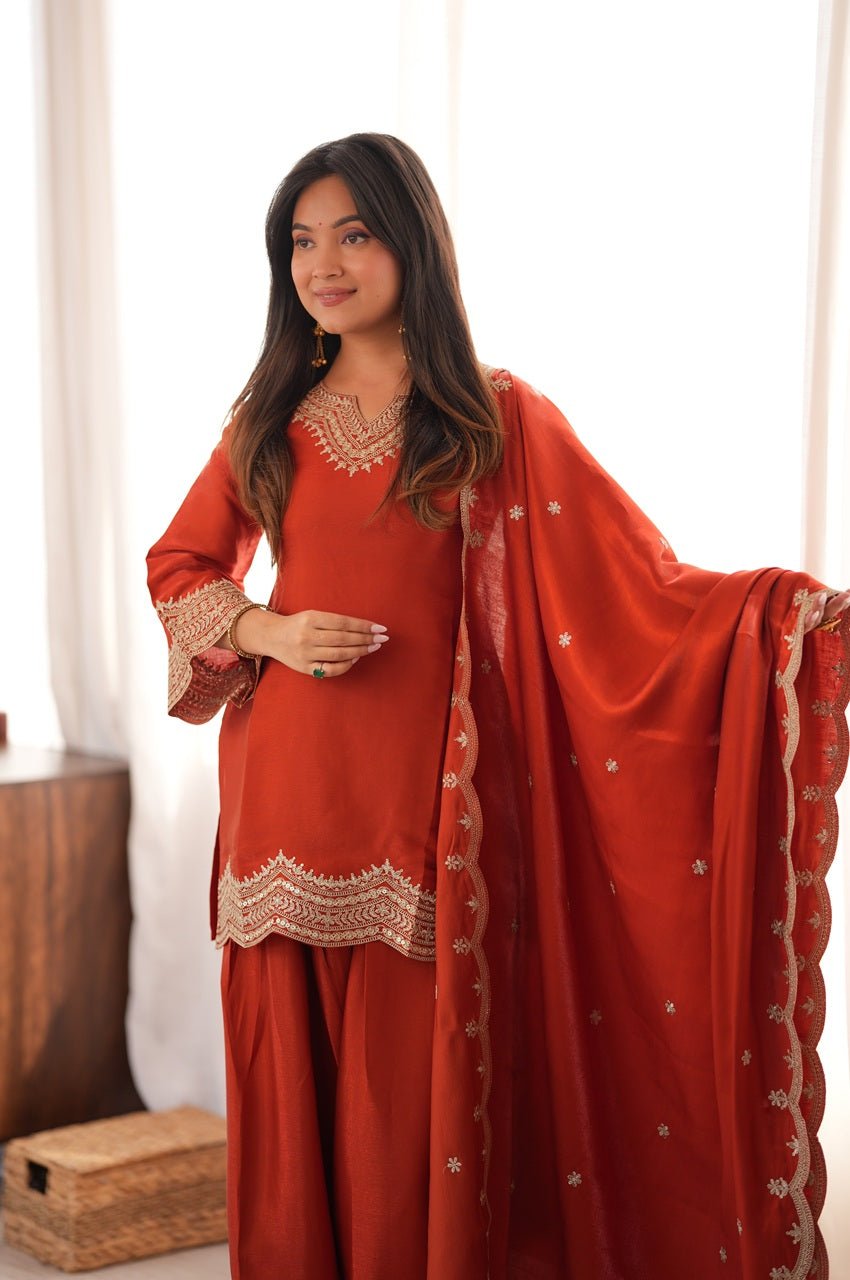 Rust Orange Glass Roman Silk Kurti Set