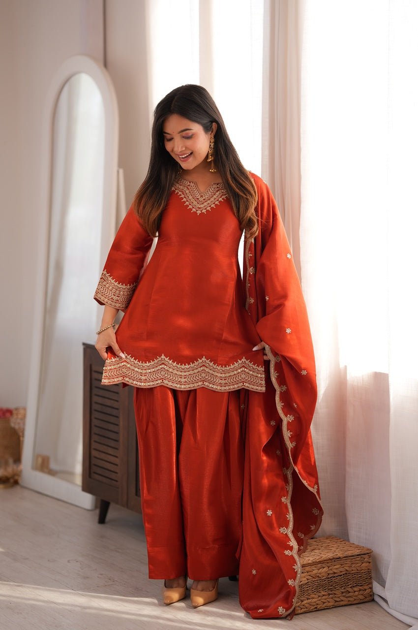 Rust Orange Glass Roman Silk Kurti Set