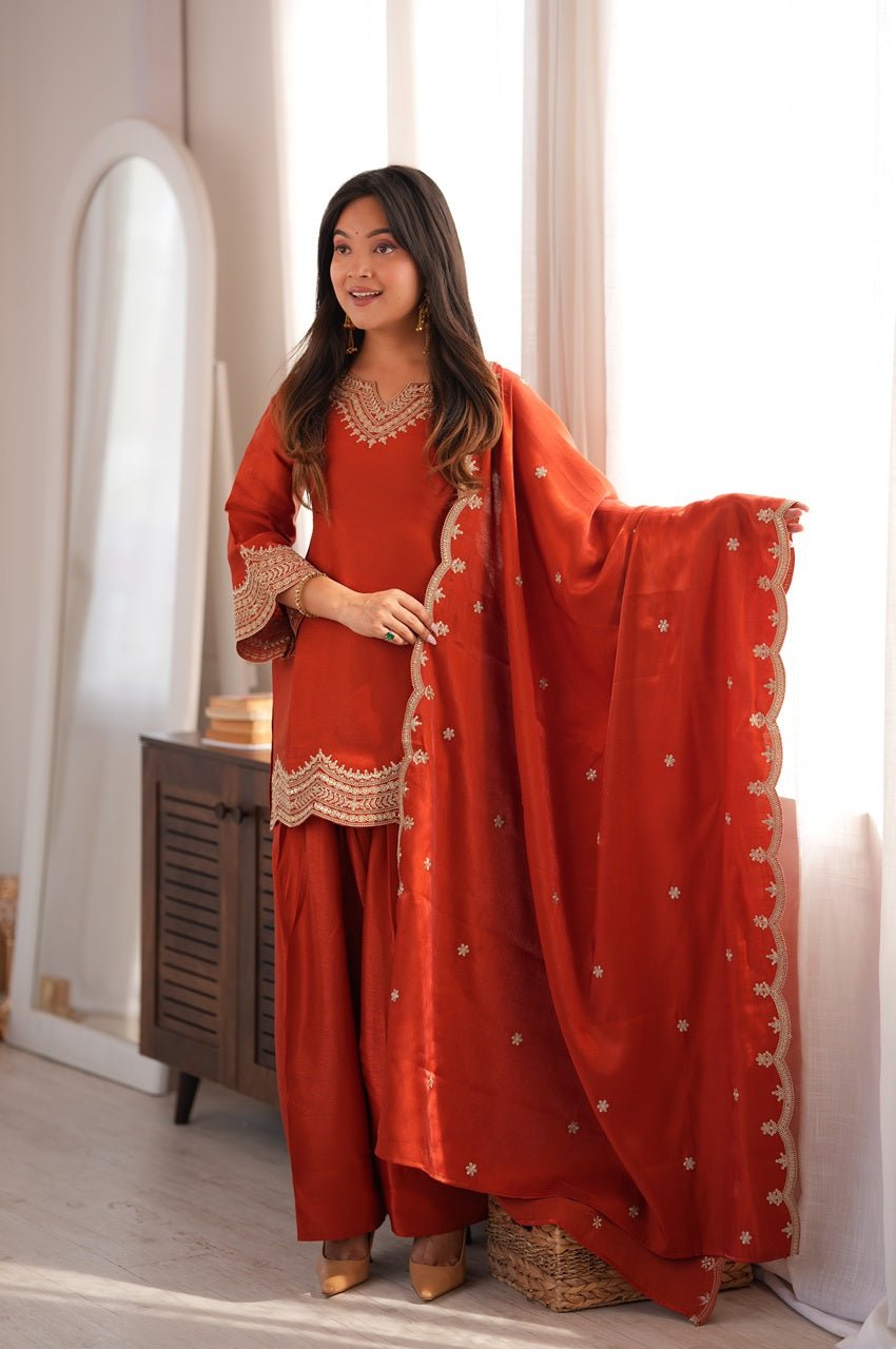 Rust Orange Glass Roman Silk Kurti Set
