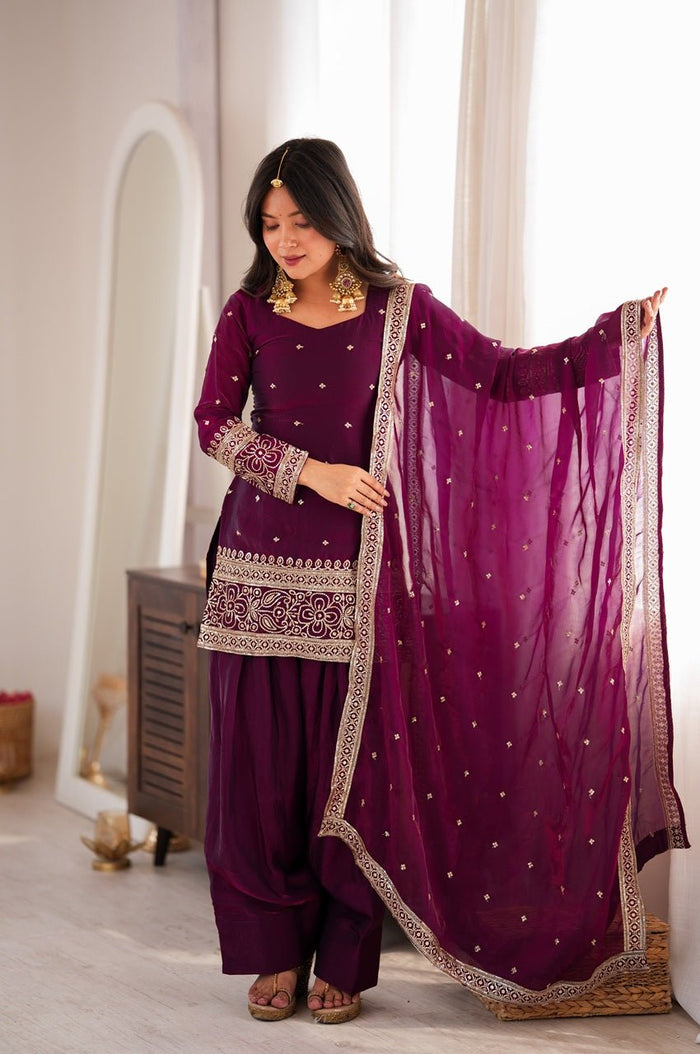 Raspberry Pink Fendy Silk Kurta Farshi Shalwar Set