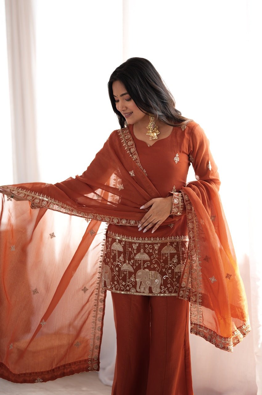 Rust Orange Crunchy Silk Kurti Set