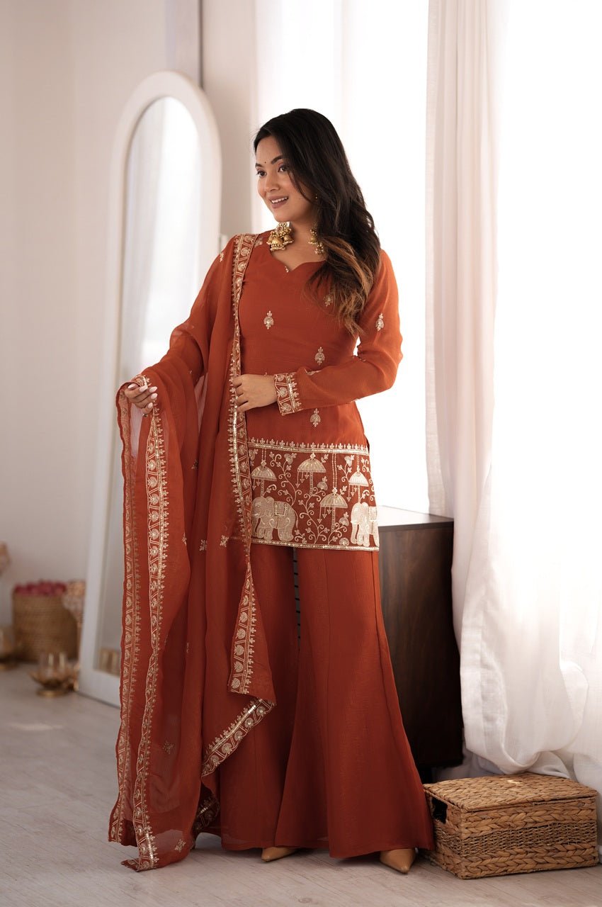 Rust Orange Crunchy Silk Kurti Set