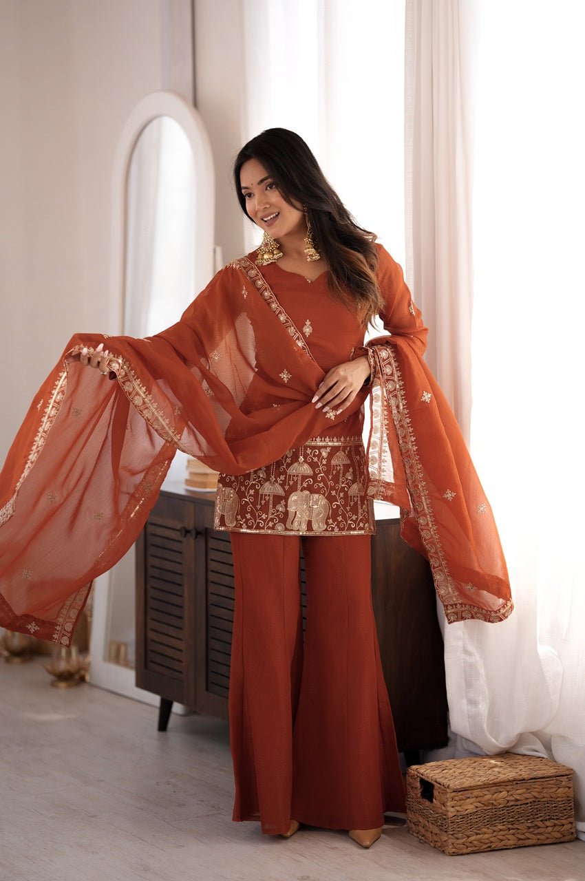 Rust Orange Crunchy Silk Kurti Set