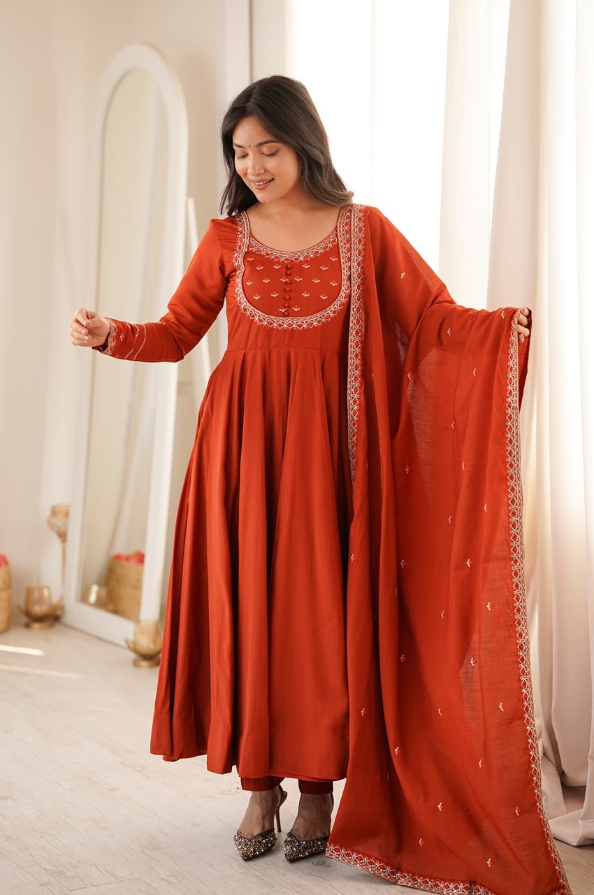 Rust Orange Chanderi Silk Embroidered 16 Kali Anarkali Suit