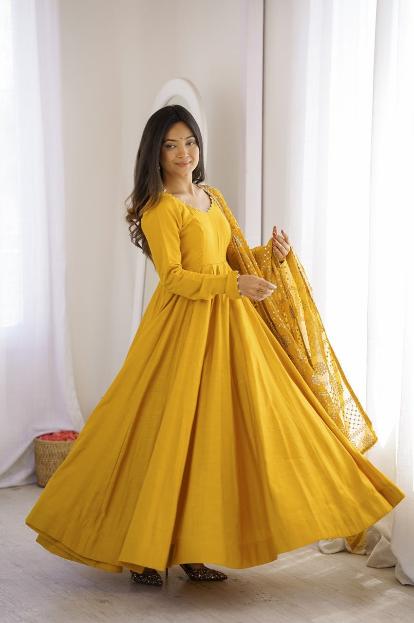 Yellow Roman Silk Chanderi 16 Kali Anarkali Suit
