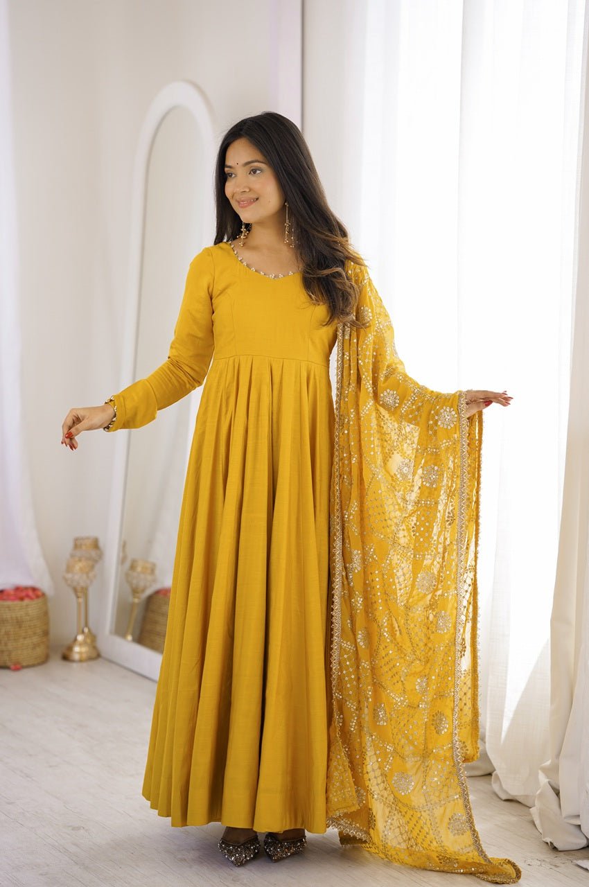 Yellow Roman Silk Chanderi 16 Kali Anarkali Suit