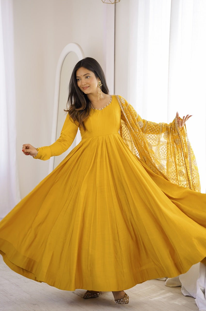 Yellow Roman Silk Chanderi 16 Kali Anarkali Suit