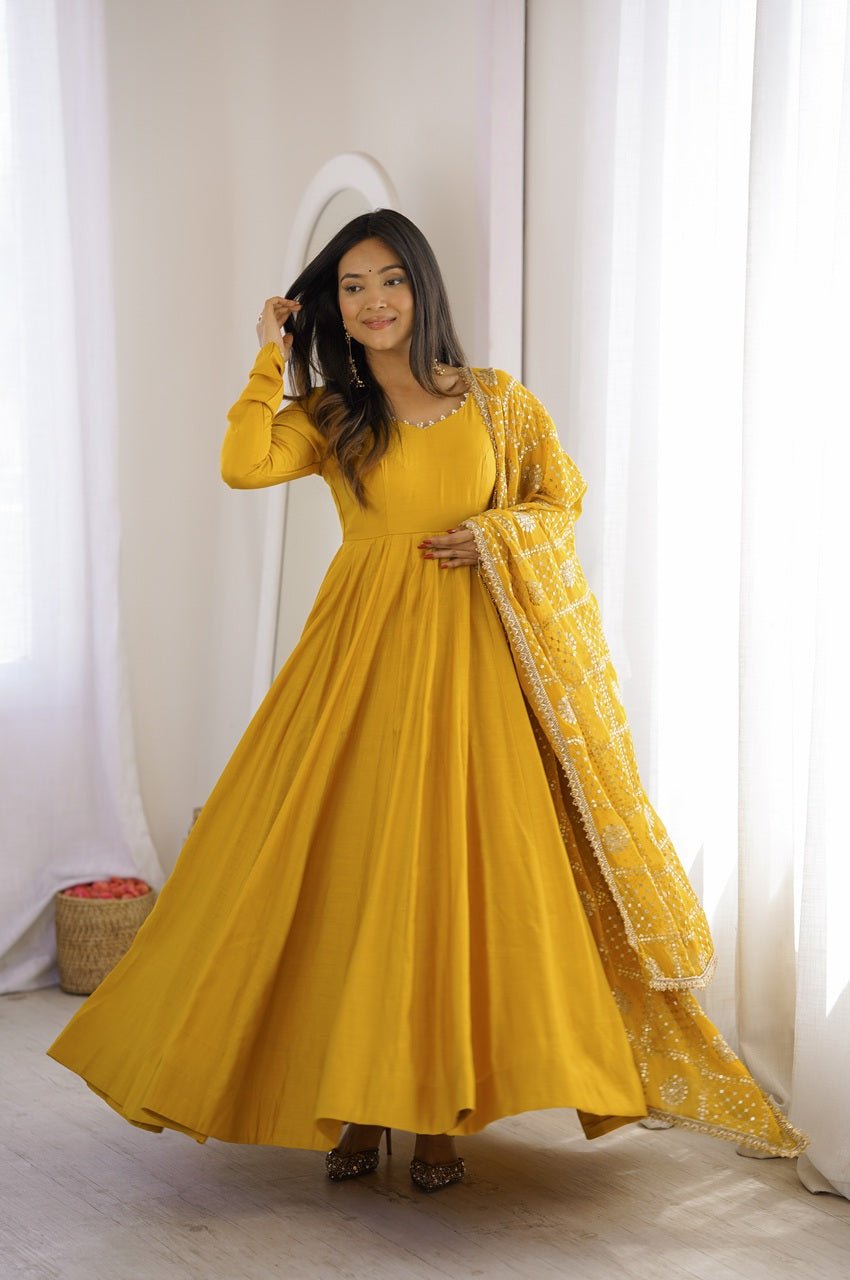 Yellow Roman Silk Chanderi 16 Kali Anarkali Suit