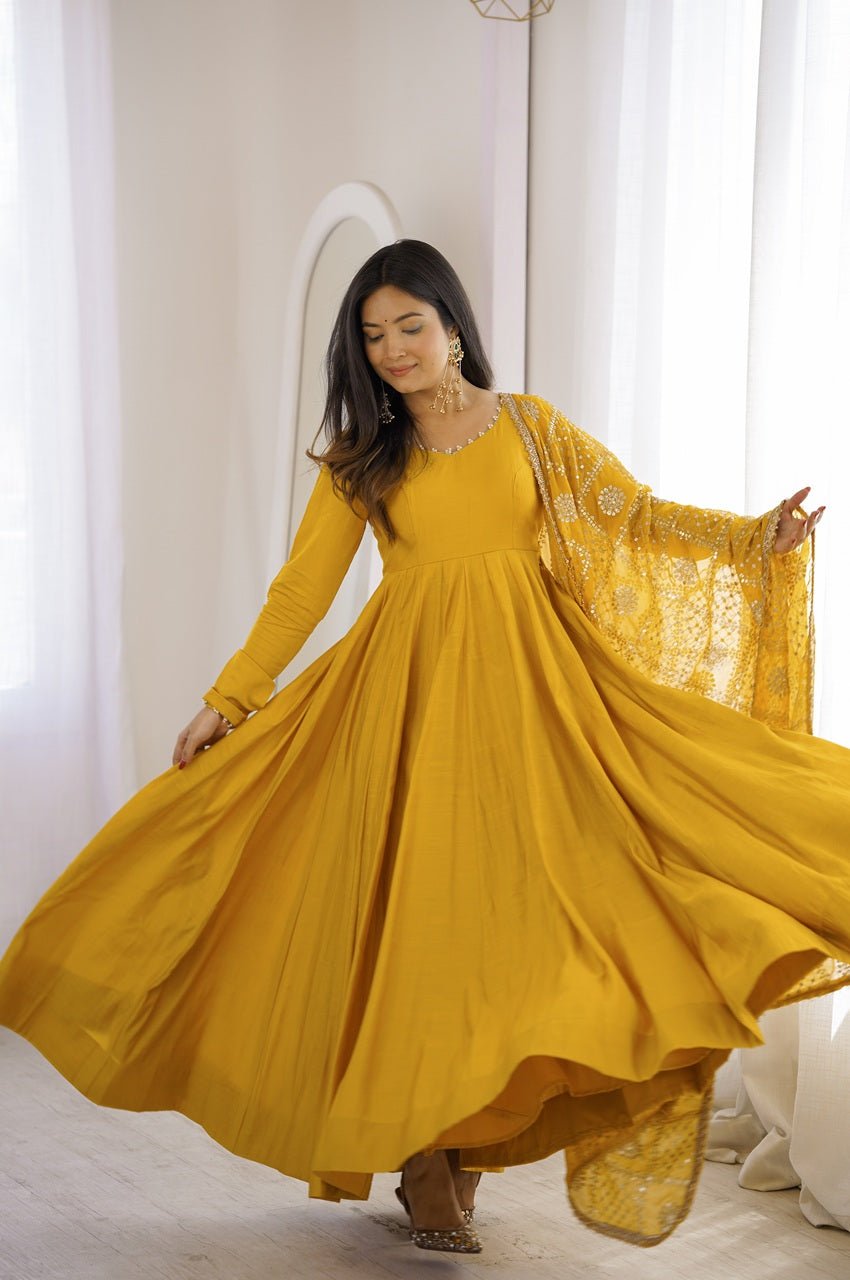 Yellow Roman Silk Chanderi 16 Kali Anarkali Suit