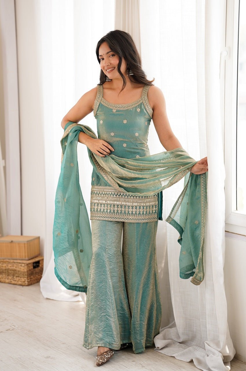 Premium Steel Green Frendy Silk Kurta Set