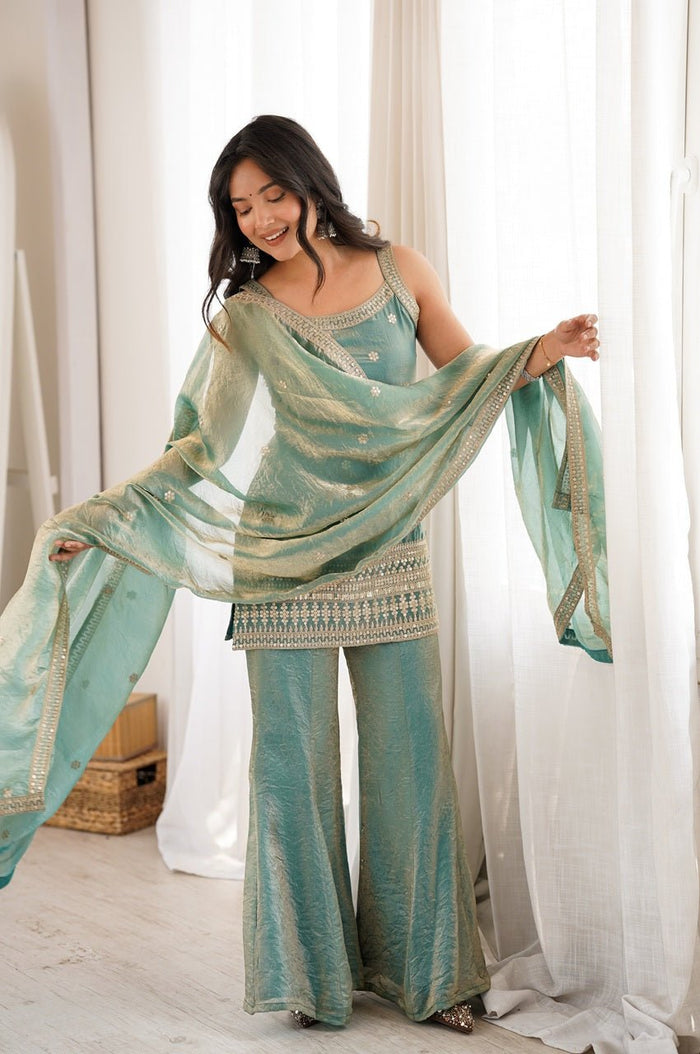 Premium Steel Green Frendy Silk Kurta Set