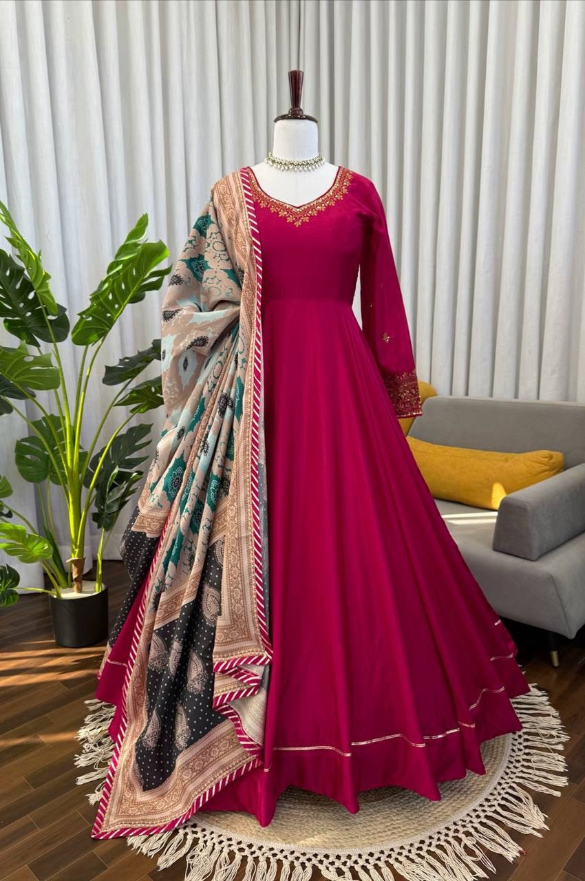 Rani Pink Heavy Chinon Silk Gown Set