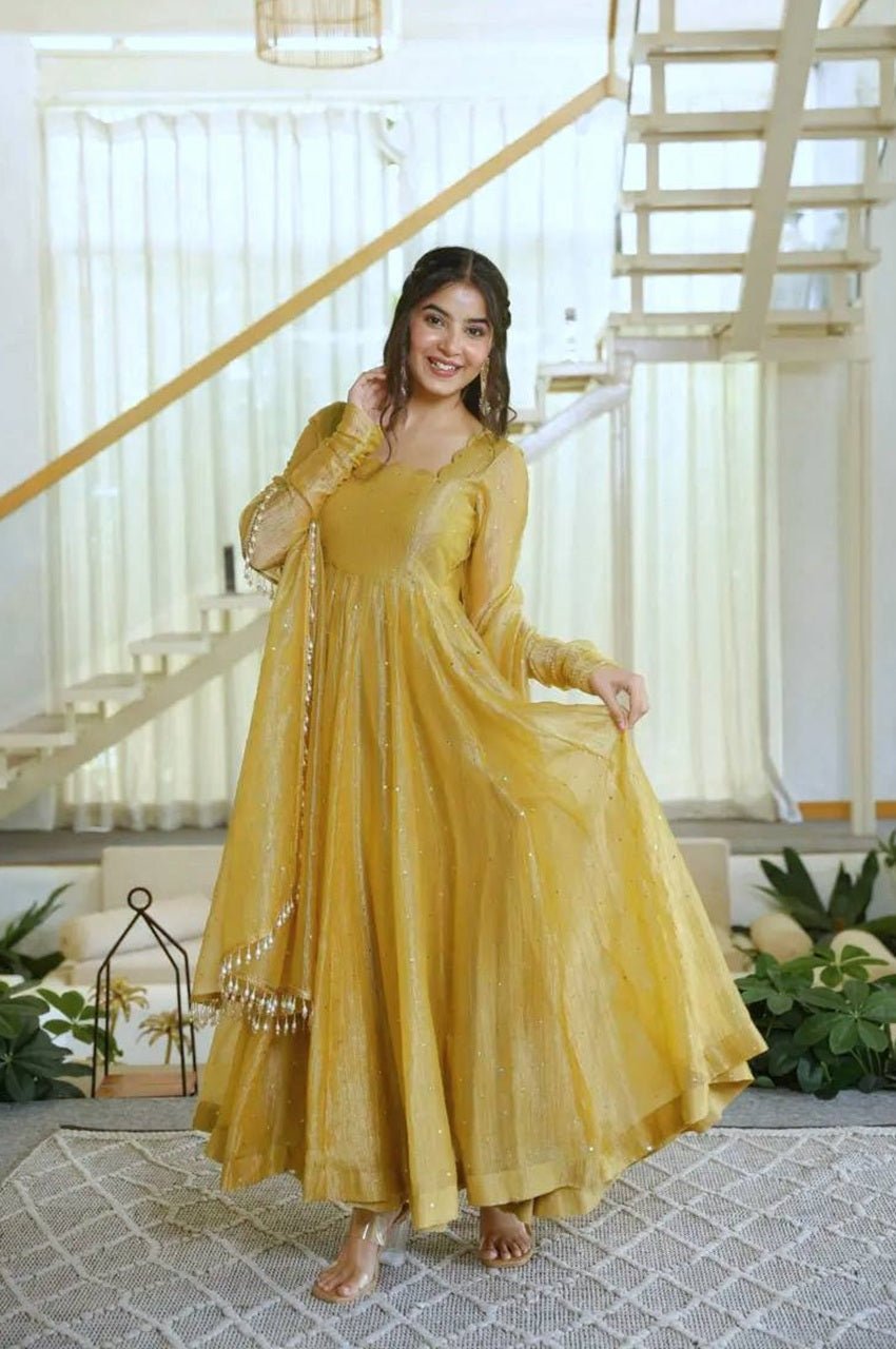 Gentle Gold Salsa Silk Foil Work Gown Set