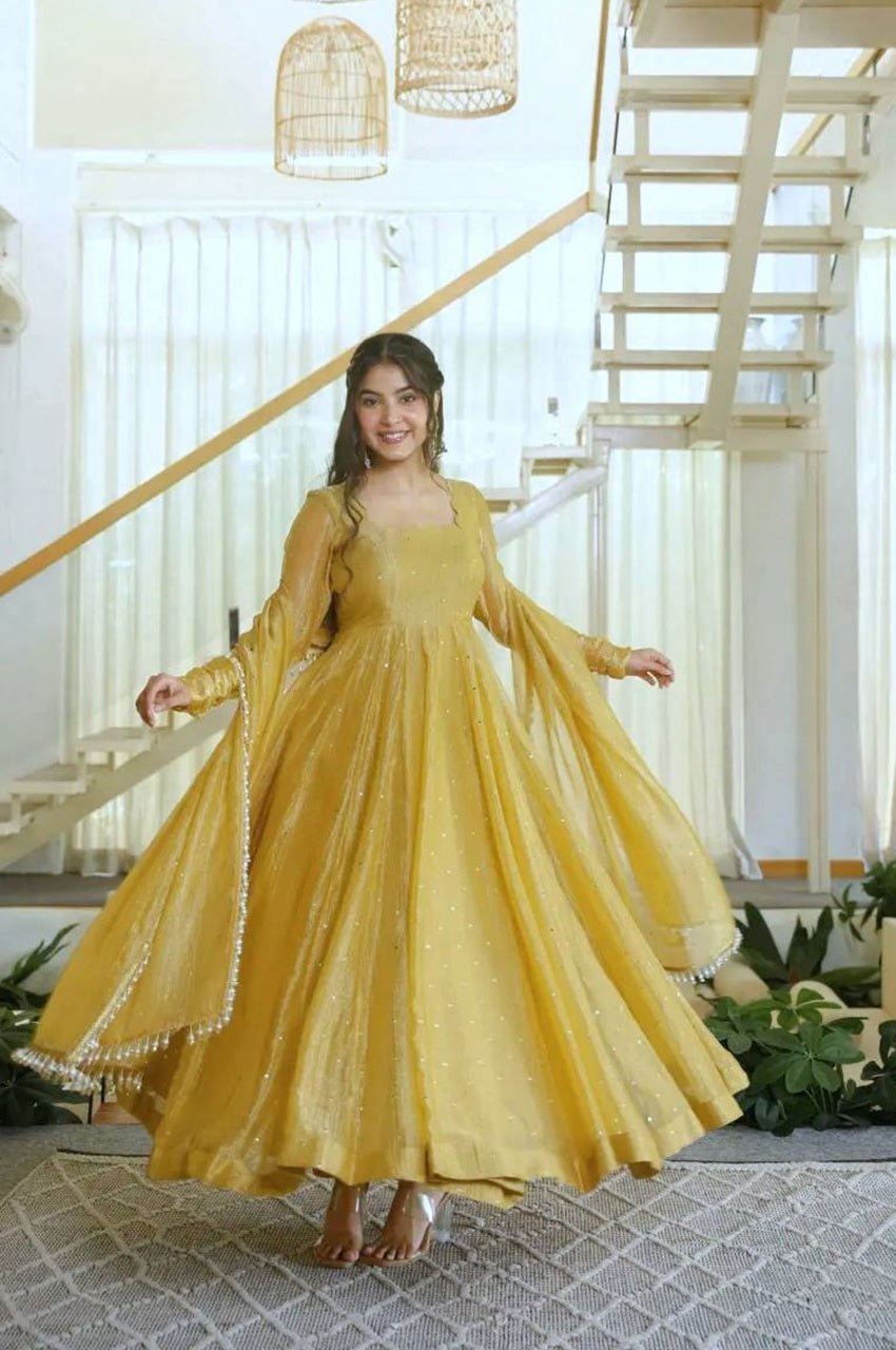 Gentle Gold Salsa Silk Foil Work Gown Set