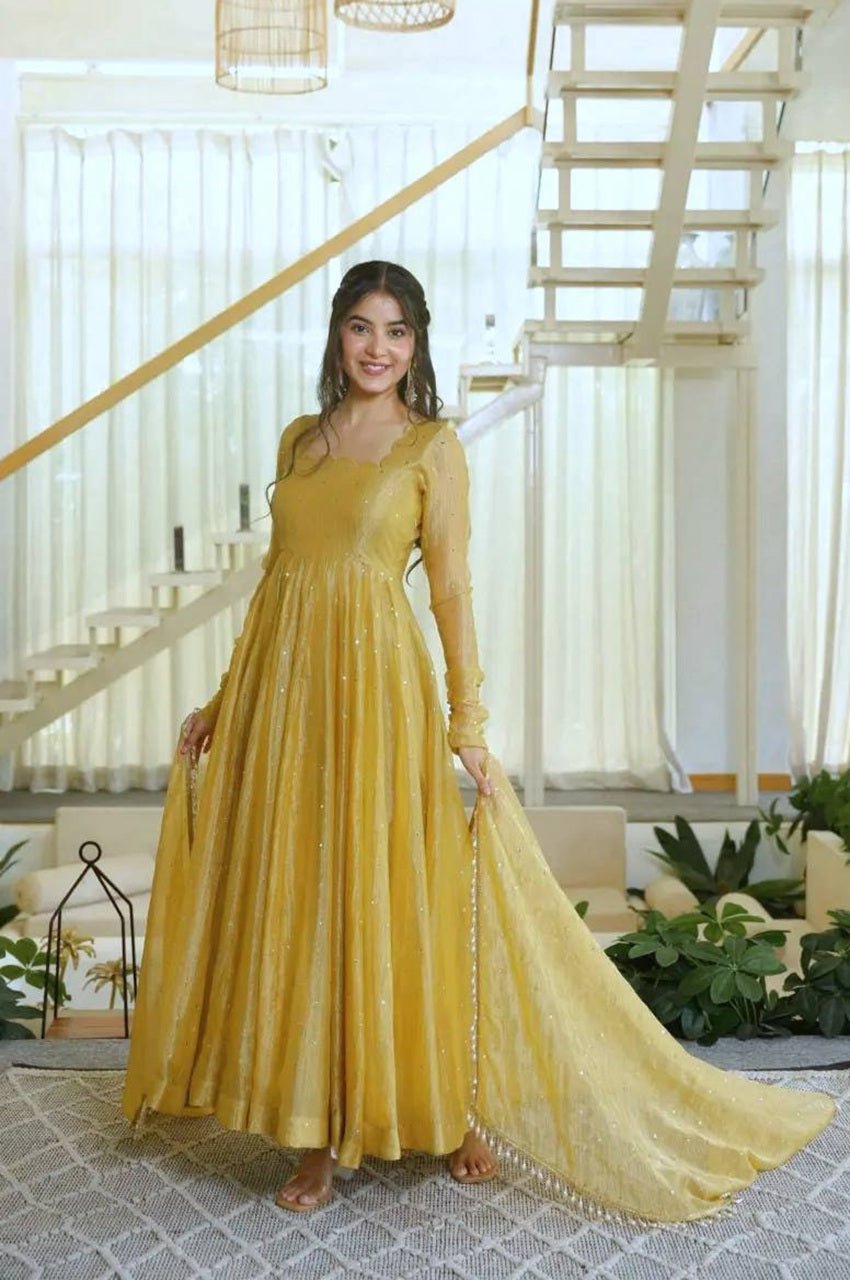 Gentle Gold Salsa Silk Foil Work Gown Set