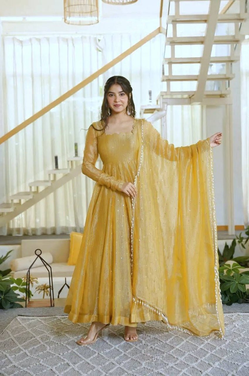 Gentle Gold Salsa Silk Foil Work Gown Set