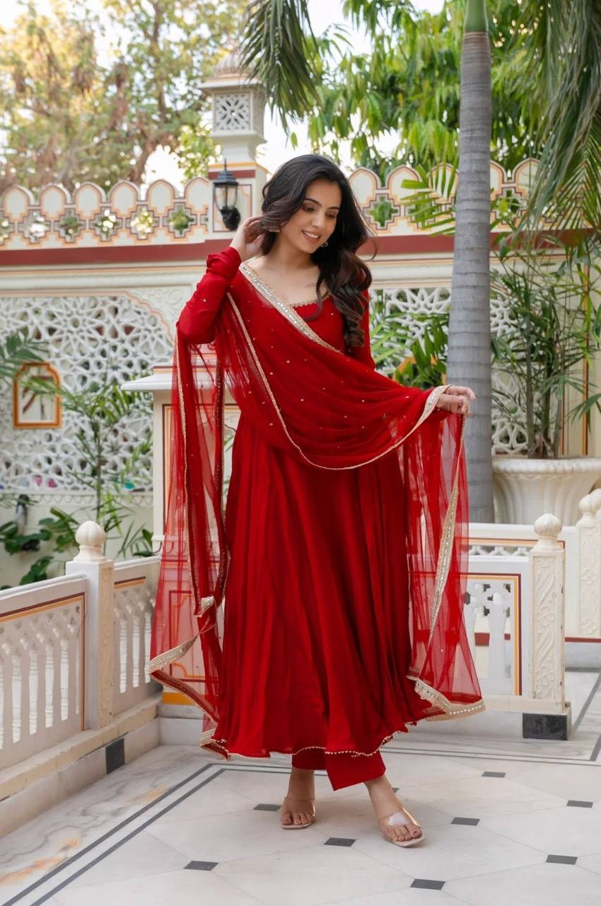 Red Faux Georgette Handwork Anarkali Suit Set