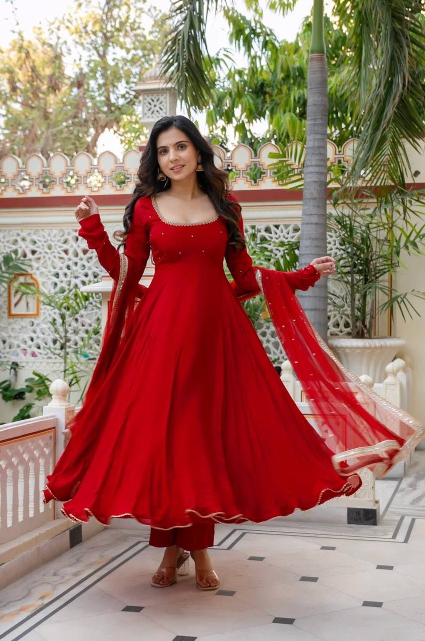Red Faux Georgette Handwork Anarkali Suit Set
