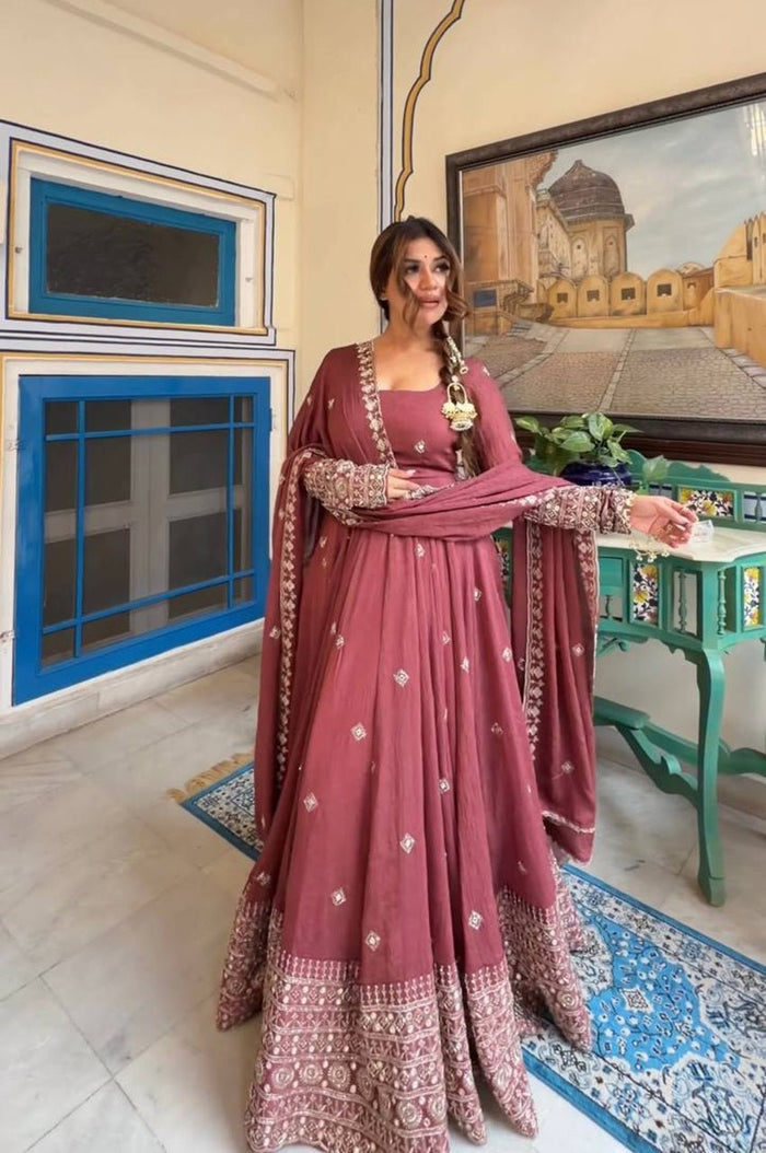 Dark Rose Mul Chanderi Silk Gown Set
