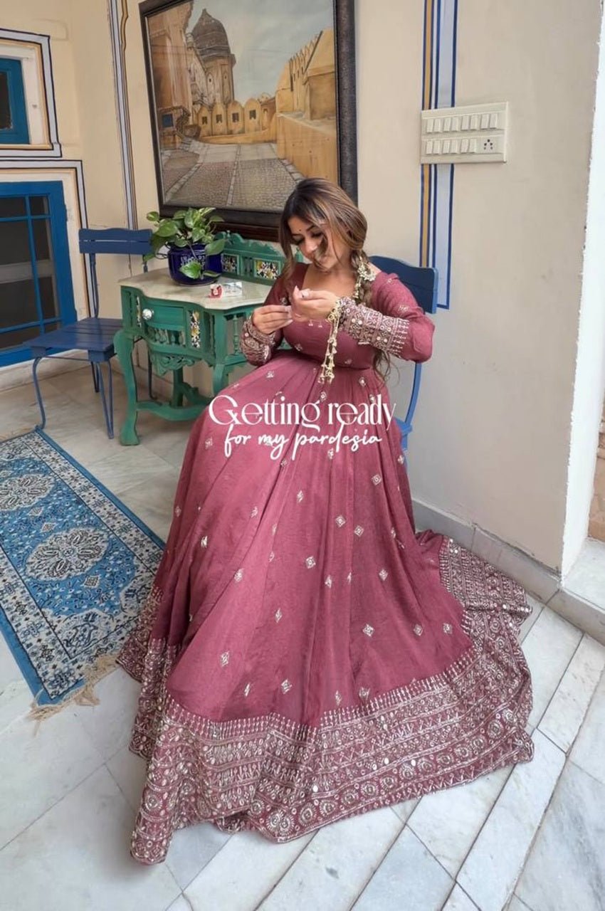 Dark Rose Mul Chanderi Silk Gown Set